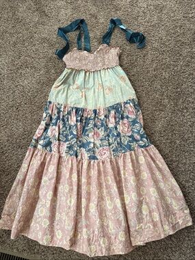 LIKE NEW ! Free People Floral Tiered Maxi Dress with Teal Ribbon Straps
